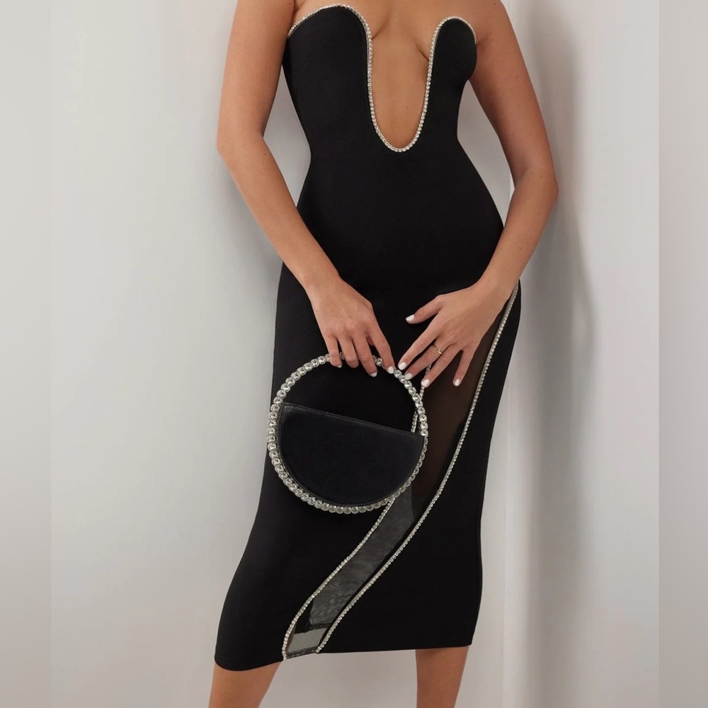 Heiress Beverly Hills Black Crystal Embellished Plunge Neckline Midi Dress
